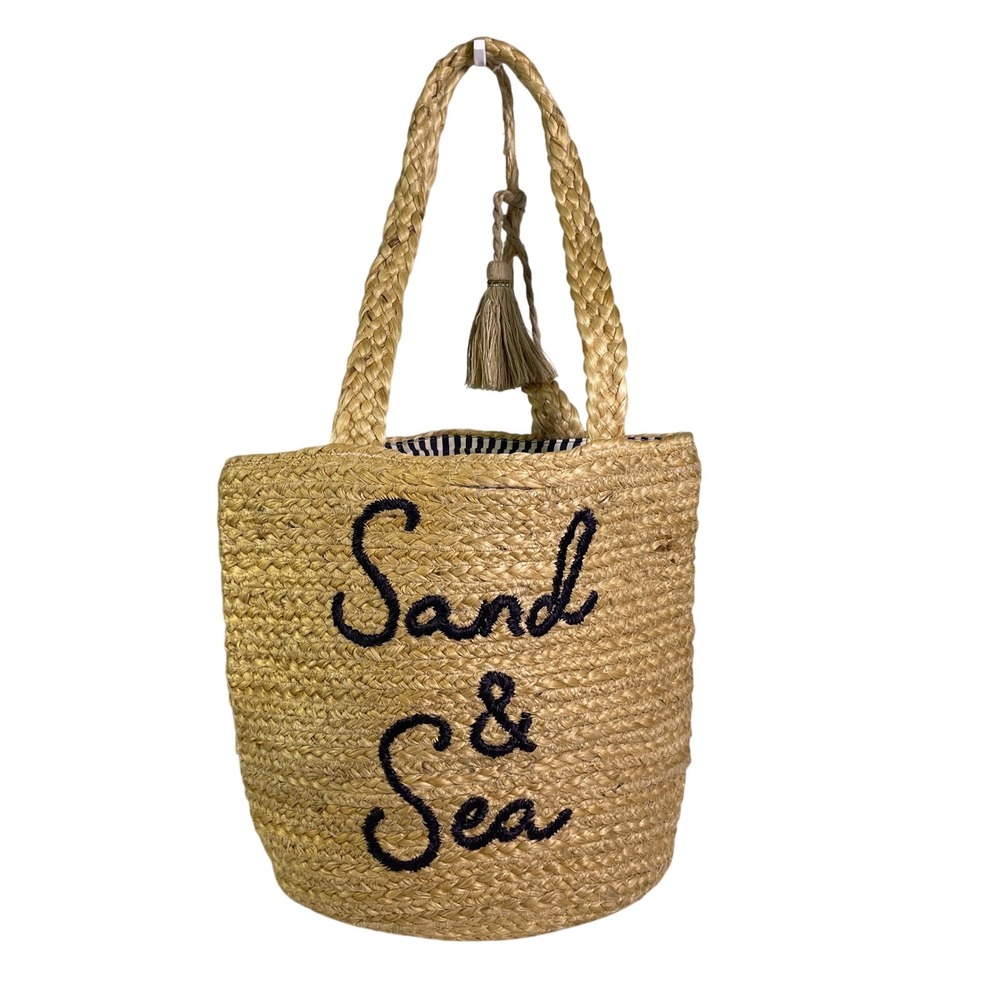 J. Jill Shoulder Bag Tote Sand & Sea Embroidered Woven Straw Natural Navy READ